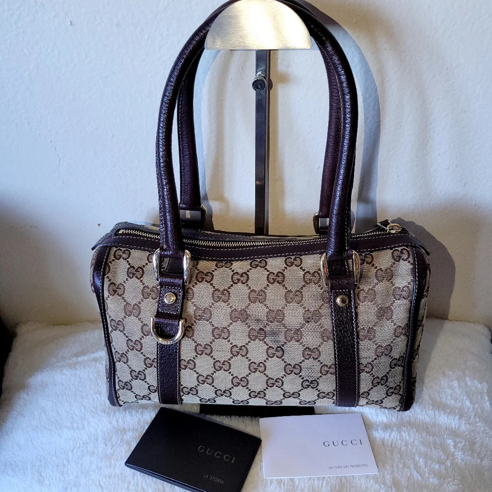 Gucci Beige Logo Canvas and Brown Leather Satchel - Picture 4 of 14